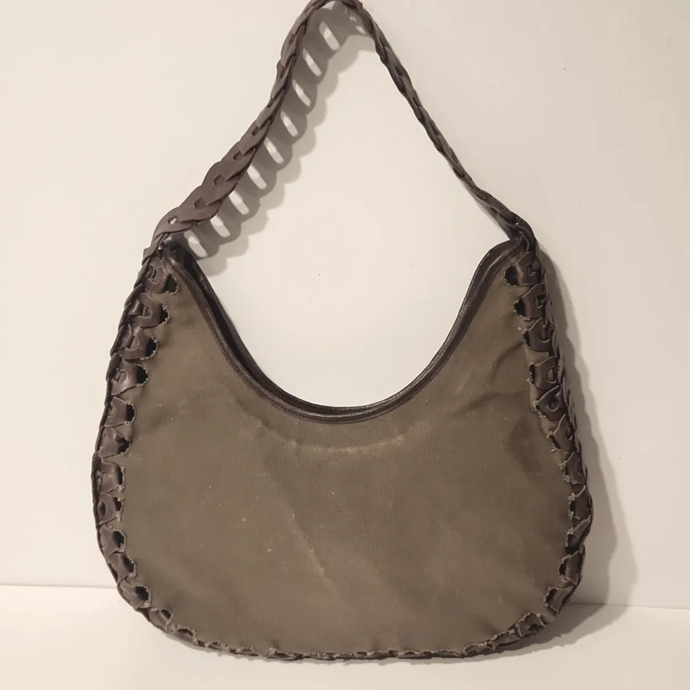 RARE! Cortefiel Canvas & Leather Hobo Shoulder Bag Sage Green & Brown